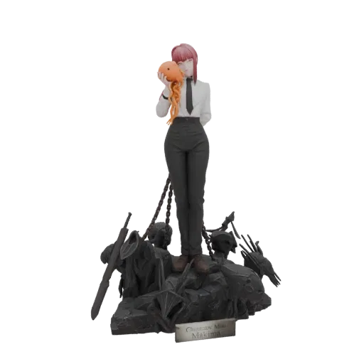 3D model of Makima from Chainsaw Man holding Pochita, standing on a dark, chain-adorned base.