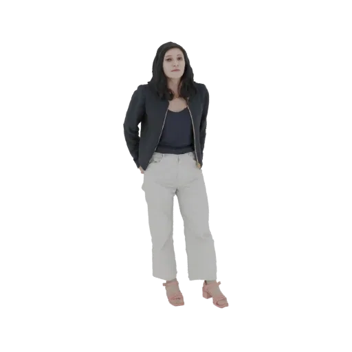 3D model of a woman standing with hands in pockets, wearing a dark jacket, navy top, and light beige pants.
