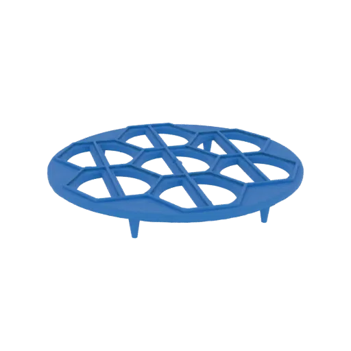 3D model of a blue trivet with a hexagonal pattern and three legs, isolated on a white background.