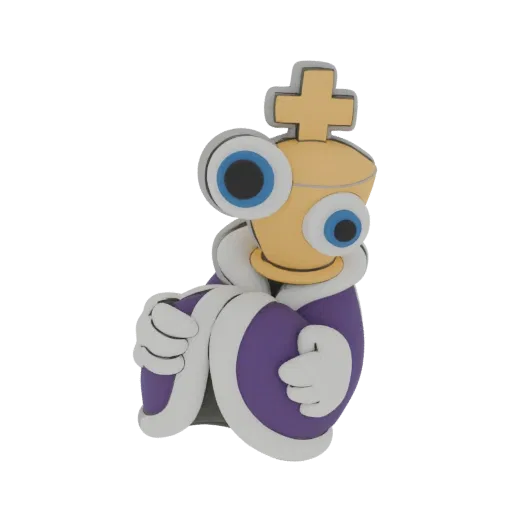 3D model of a whimsical king character wearing a golden crown and purple robe, with large blue eyes.