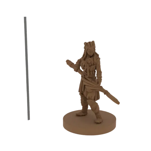 3D model of a tribal warrior with a spear, standing on a circular base, with a grey vertical bar to the left.