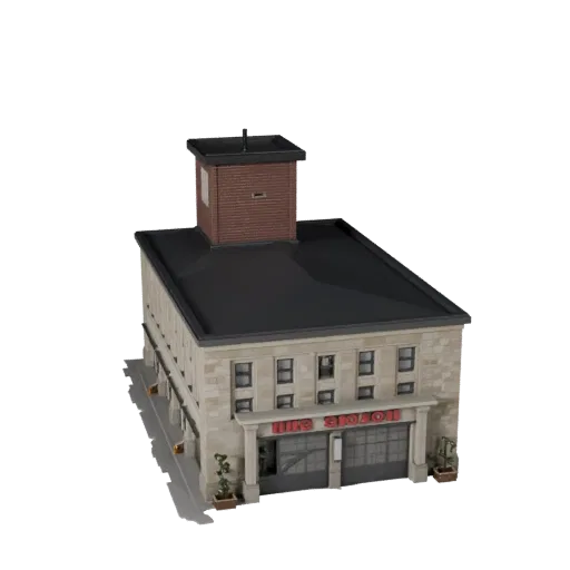 Estación de Bomberos modelo 3D listo para Blender, vista de renderizado de estudio Blender, mostrando materiales de edificio