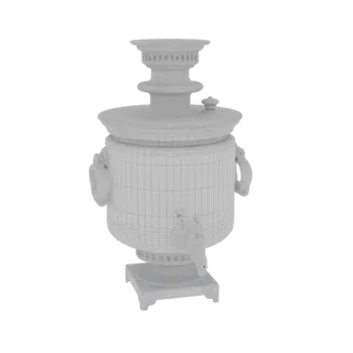 Wireframe 3D model of an ornate Russian samovar, showing its detailed structure and decorative elements.