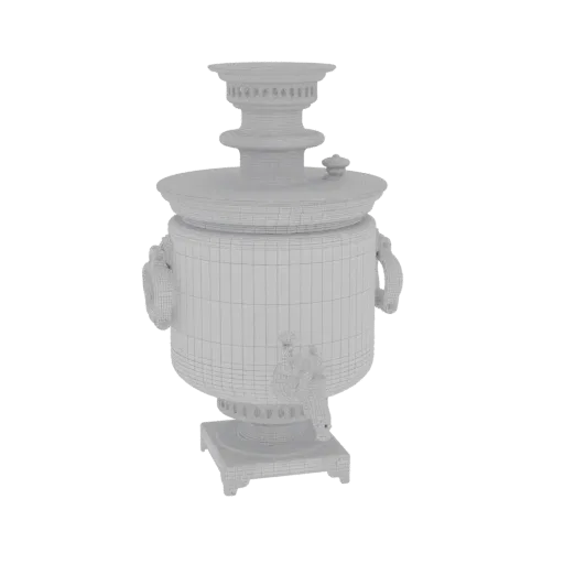Wireframe 3D model of an ornate Russian samovar, showing its detailed structure and decorative elements.