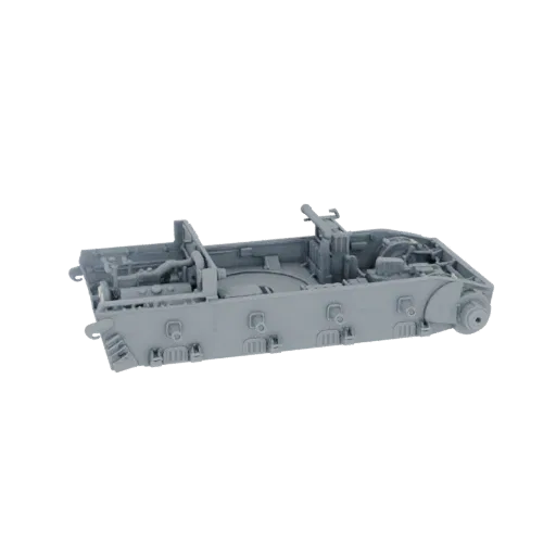 A detailed 3D model of a tank's interior, showing engine components, seating, and control systems, rendered in a neutral gray