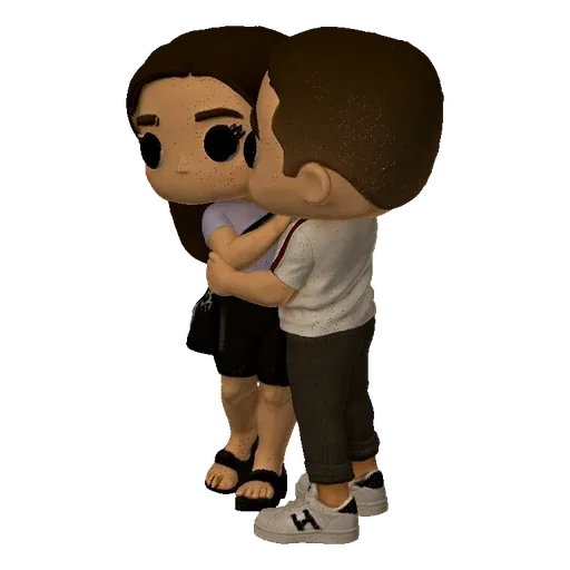 3D model of a romantic couple hugging and kissing, styled like a Funko Pop figure, with exaggerated heads and stylized bodies
