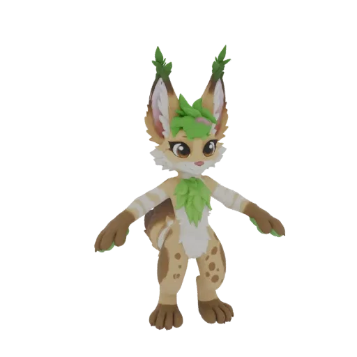 Una renderización 3D de un personaje lince estilizado con decoraciones de hojas verdes alrededor de su cuello y orejas, de pi