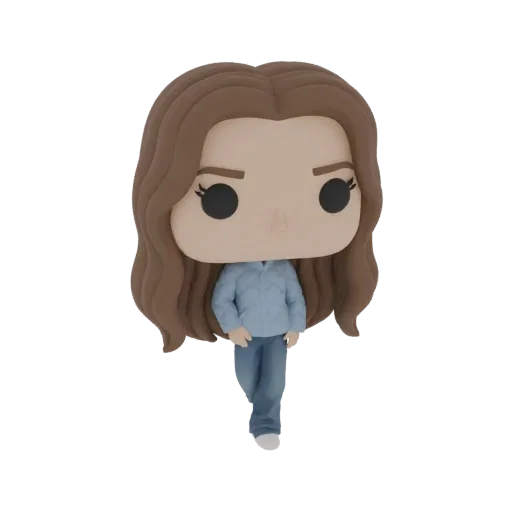 3D model of a stylized young woman with brown hair, wearing a blue quilted jacket and blue jeans, standing in a casual pose.