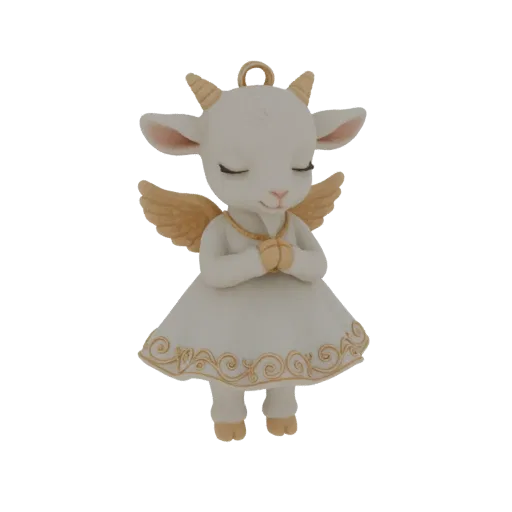 3D model of a white goat with golden wings and horns, wearing a dress, in a praying pose.