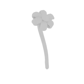 Render 3D di un fiore bianco stilizzato con molteplici petali arrotondati e un gambo elegantemente curvo su sfondo bianco.