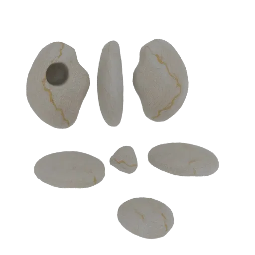 A 3D model of a white kidney bean, viewed from multiple angles, showcasing its textured surface and subtle golden marbling.