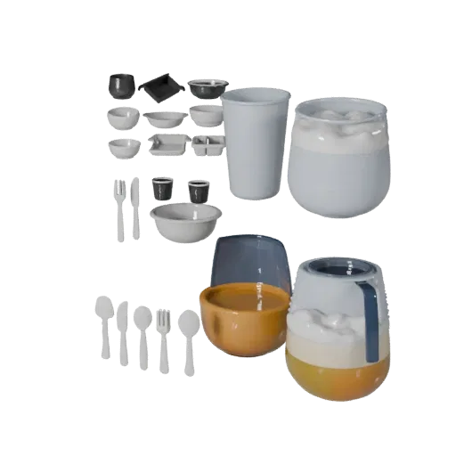 Modelo 3D de Visualização de Produto Conjunto de Tigelas de Salada para Piquenique, renderização de estúdio em três quartos,