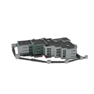 Modello 3D di un moderno edificio multipiano con facciata verde e bianca, circondato da un dettagliato sistema di tubi di dre