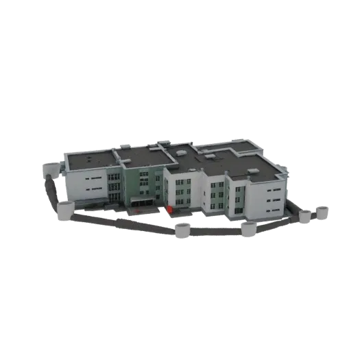 3D model of a modern multi-story building with green and white facade, surrounded by a detailed drainage pipe system.