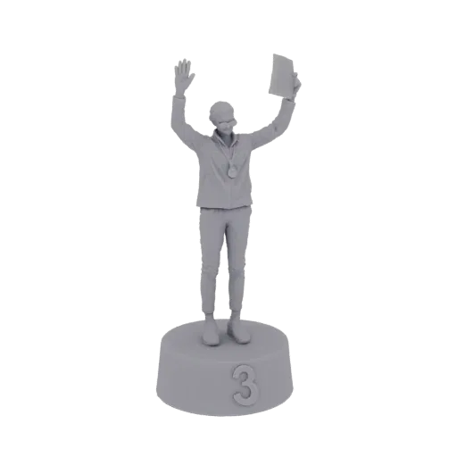 Modello 3D di una stilizzata figura di medagliato di bronzo su un podio, che tiene un trofeo e alza le braccia in segno di vi