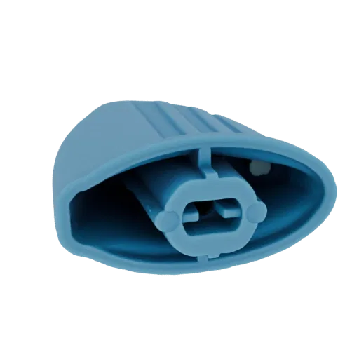 3D model of a blue spray can nozzle cap, viewed from the front, showing the internal mechanism and ribbed top.