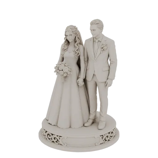 Modelo 3D de uma peça para bolo de casamento com uma noiva em vestido esvoaçante, um noivo de fato e uma base ornamentada.