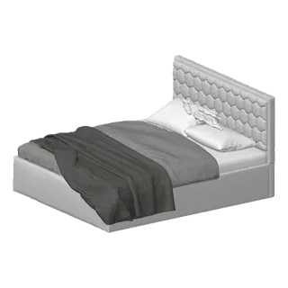 3D model of a modern bed with a hexagonal headboard, white pillows, and a gray blanket draped over the duvet.