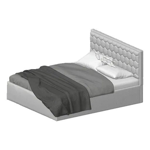 3D model of a modern bed with a hexagonal headboard, white pillows, and a gray blanket draped over the duvet.