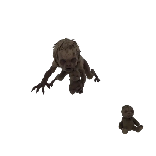 A 3D model of a creepy, emaciated baby crawling and holding a doll, with a separate small doll nearby.
