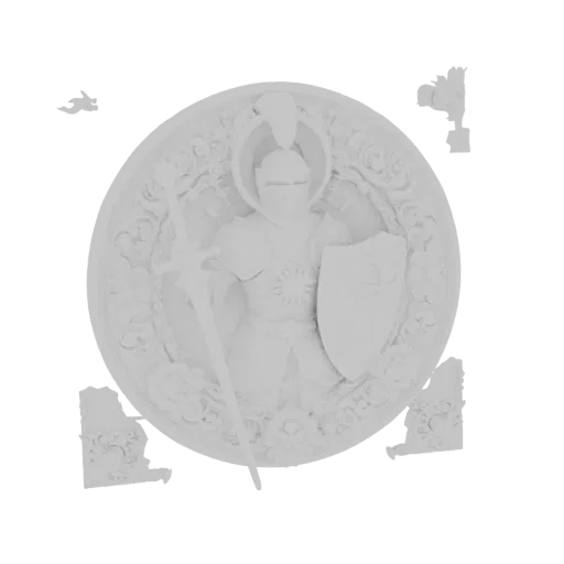 Modelo 3D de um Medalhão de Cavaleiro com um cavaleiro em armadura segurando uma espada e escudo, cercado por arabescos ornam