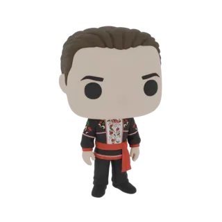 Modello 3D di personaggio folcloristico in stile Funko Pop, con abiti tradizionali ricamati e fascia rossa, su sfondo bianco.
