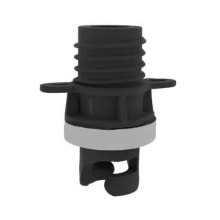 3D-Modell eines schwarzen Ventiladapters für Schlauchboote mit weißem Band und Gewindeanschluss, vor weißem Hintergrund.