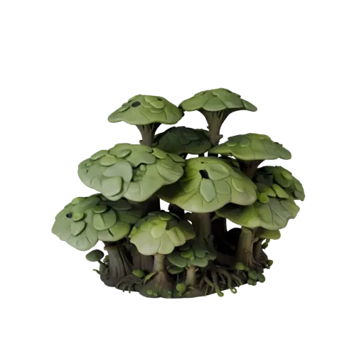 Alien Mushroom Grove Stylized 3D model, stylized isometric environment render, showing leaf clusters, terrain detail.