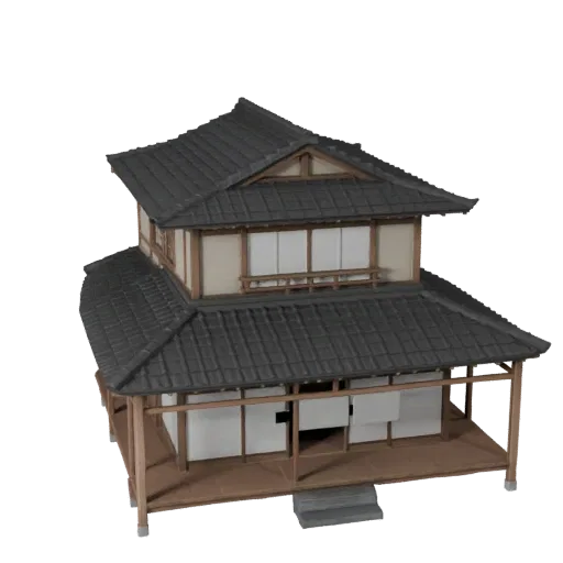 Japanese House realistic 3D model, three-quarter exterior view, showing residential building materials and architectural detail