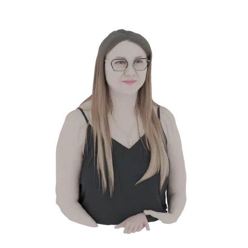 3D model of a woman with long brown hair, wearing glasses and a black camisole, with hands resting in her lap.