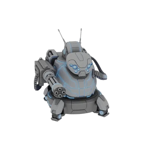 3D model of a grey, futuristic heavy combat mech with a gatling gun and glowing blue energy lines, set against a black backgr