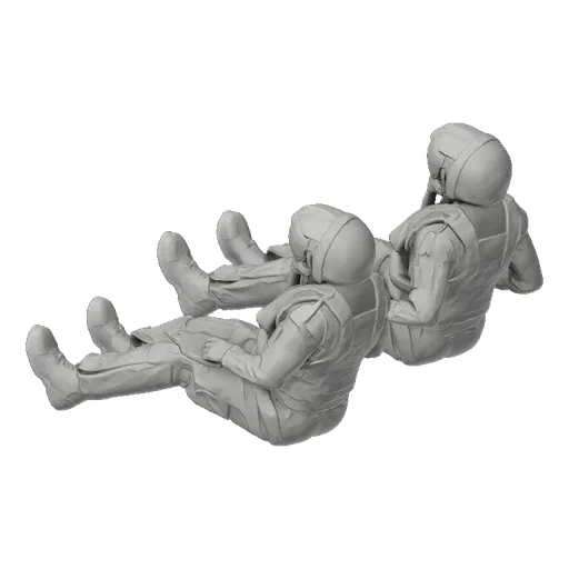 Rendu 3D de deux figurines de pilotes assises, portant des combinaisons de vol et des casques, sur fond noir.