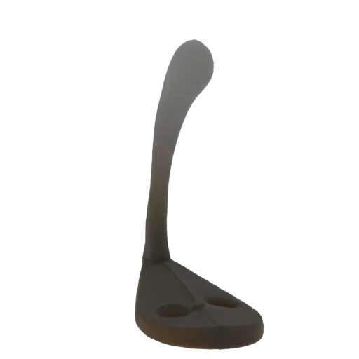3D model of an abstract desk lamp with a sleek, curved stem and a wide, flat base, rendered in a neutral tone.