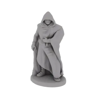 Modèle 3D d'une figure mystérieuse portant une robe à capuche, debout sur une base, rendu en gris.