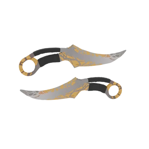 A 3D render of two karambit knives with curved blades and a golden leaf pattern on a white background.