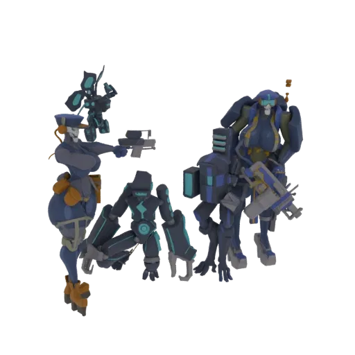 A 3D render of a sci-fi robotic squad, featuring several distinct robot designs in various poses, with a white background.