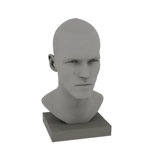 A 3D render of a realistic male head bust with a neutral expression, presented on a simple square base against a black backgr