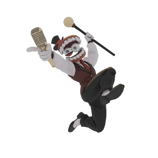3D model of a jazz singer in a red vest and black suit, mid-jump with a microphone and baton, black background