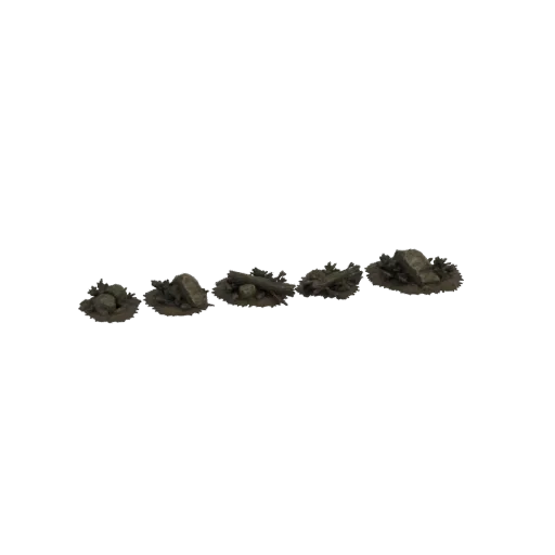 3D model of a forest debris pile with rocks, logs, and foliage on a dark background.