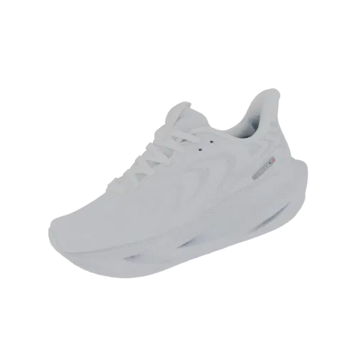 A 3D model of a sleek, all-white running shoe with a modern design and textured sole, viewed from the side.