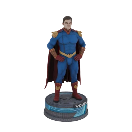 3D model of Homelander standing confidently on a circular base, wearing his blue and gold superhero costume with a red cape.
