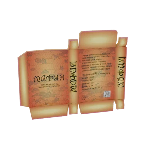 3D model of a vintage Mafia game box with ornate Russian text and parchment texture, unfolded net pattern visible.