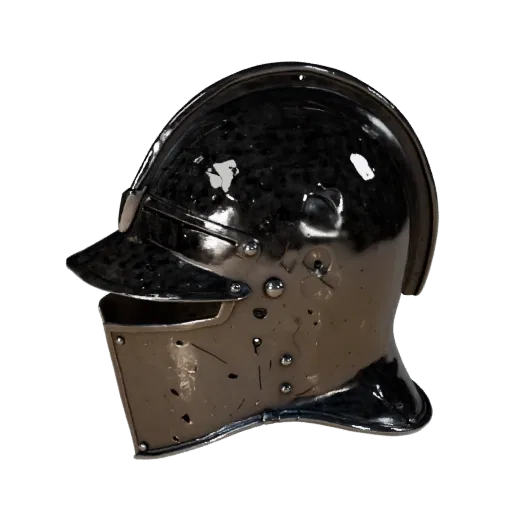Casque de combat médiéval modulaire 3D, vue isométrique du kit modulaire, montrant métal, cotte de mailles portée.