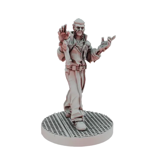 Modèle 3D d'un androïde cyberpunk avec un bras cybernétique détaillé, portant une veste et se tenant sur une base quadrillée.