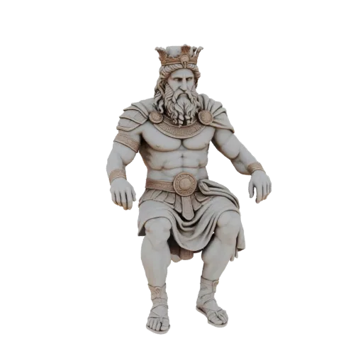 3D model render of a majestic king statue with a crown and ornate armor, seated with hands resting on knees.