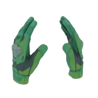 A 3D render of a pair of green tactical gloves, one facing left and the other facing right, against a white background.