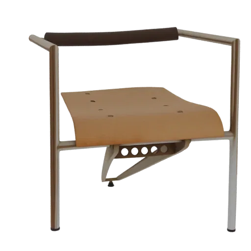 3D model of a modern armchair with a light brown perforated seat, silver metal frame, and dark padded armrest, set against a