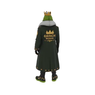 3D model of the King Grinch of Russia wearing a crown and a dark green coat with 'GRINCH RUSSIA' text on the back.