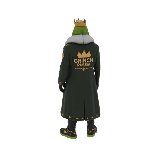 3D model of the King Grinch of Russia wearing a crown and a dark green coat with 'GRINCH RUSSIA' text on the back.