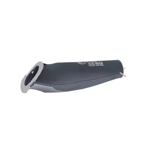 3D model of a dark gray handheld blender with a silver accent on the blending head, set against a black background.